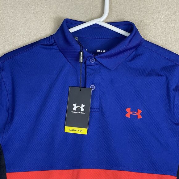 Under Armour Polo Shirt Mens Medium Blue Black Red Performance Blocked Adult NWT - Picture 2 of 11